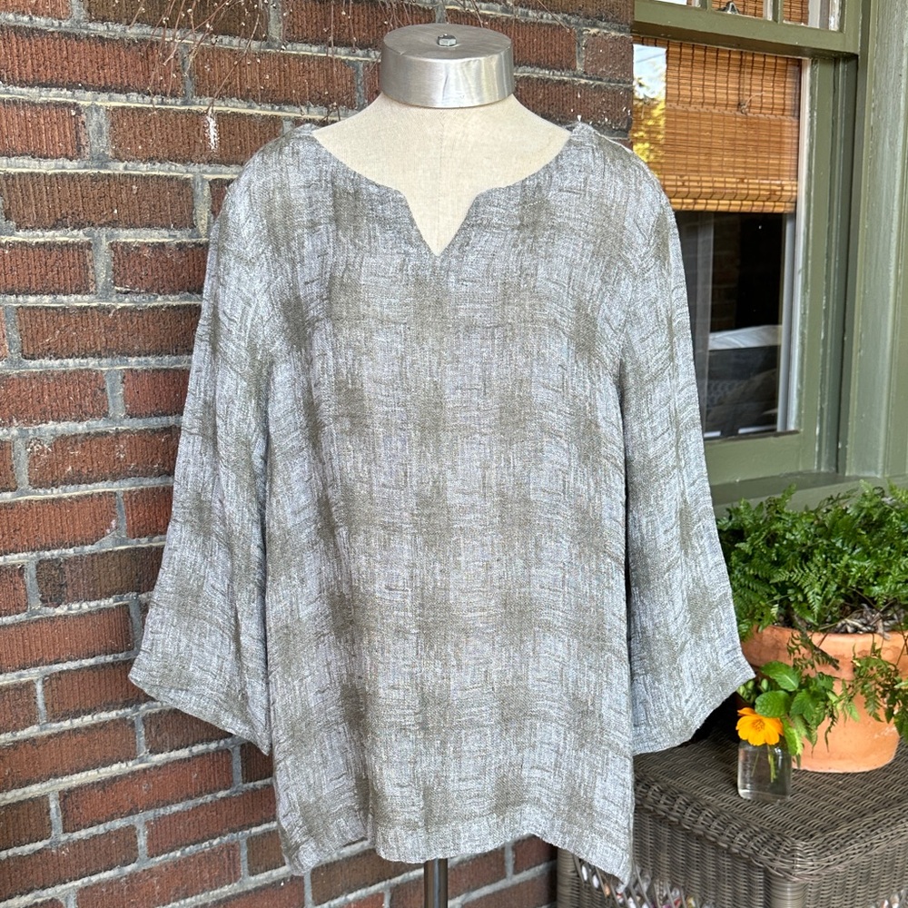 J Jill/Pure Jill olive green/cream textured linen split neck kimono top. Sz L - Picture 2 of 8
